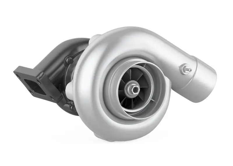 3D rendered turbocharger showing polished aluminum compressor housing with inlet and multi-bladed impeller, and darker turbine housing