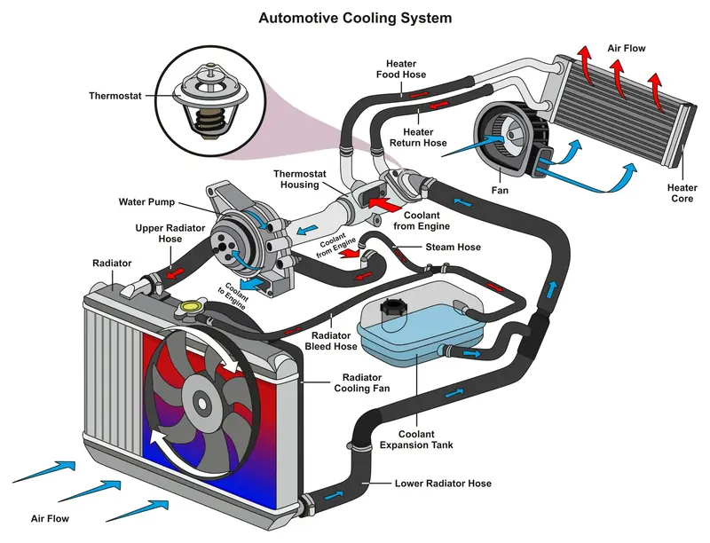 Automotive cooling system diagram showing radiator, water pump, thermostat, hoses, heater core, expansion tank, and coolant flow paths