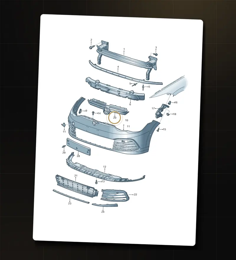 Factory exploded diagram of a VW Golf front bumper assembly on a drafting sheet, callout 20 highlighted in gold