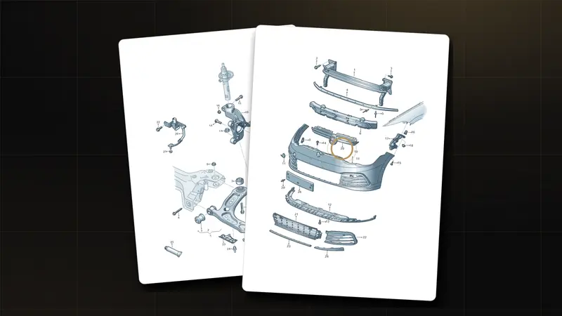 Two factory exploded-view parts diagrams on drafting sheets — a VW Golf front bumper assembly with callout 20 highlighted in gold, and a front suspension assembly — on a dark engineering-grid background