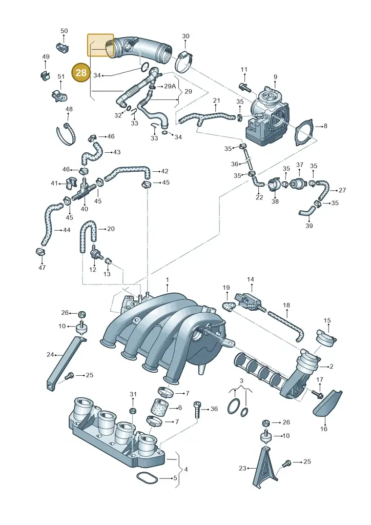 06B133354AJ — Skoda SUPERB 02> (2001-) diagram 195133290, position 28