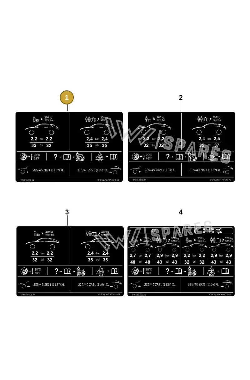 9Y0010000AS Porsche Data Plate for Tyre Pressure