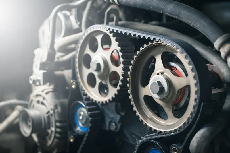 Close-up of timing belt system with two large toothed pulleys (sprockets) and ribbed timing belt connecting them