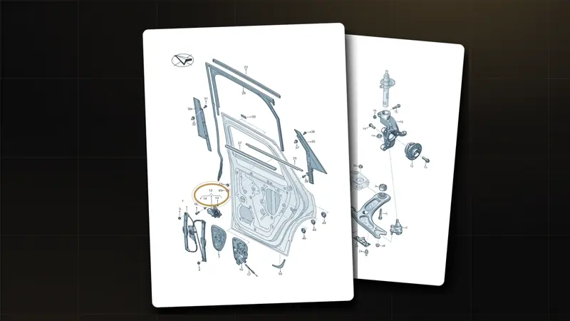 Factory exploded diagram of a VW rear door on a drafting sheet, with the set bracket for position 12 circled in gold, next to a front suspension diagram