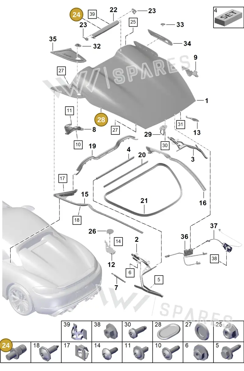 99908007801 — Porsche Boxster Spyder (2019-2020) diagram p54803050, position 24+28